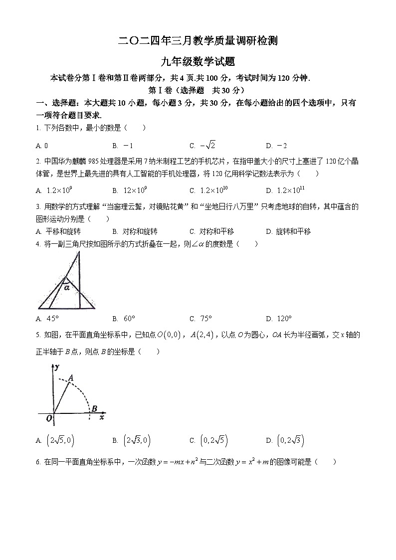 山东省济宁市梁山县寿张集镇初级中学2023-2024学年九年级第一次模拟数学模拟试题(无答案)第1页