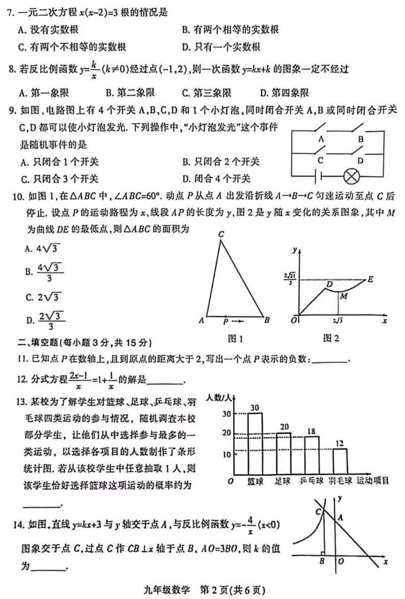 2023-2024学年河南省平顶山市九年级中招一模数学试卷及参考答案第2页