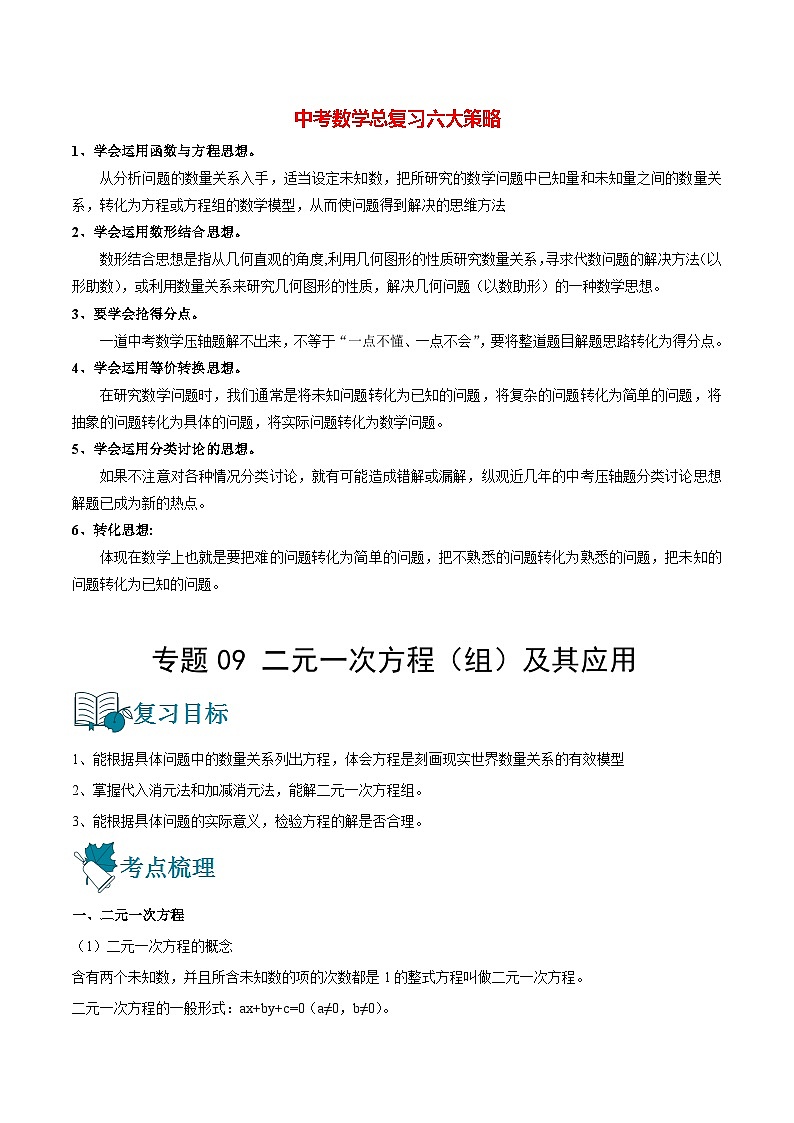 初中数学一轮复习【讲通练透】专题09 二元一次方程（组）及其应用（讲通） （全国通用）01