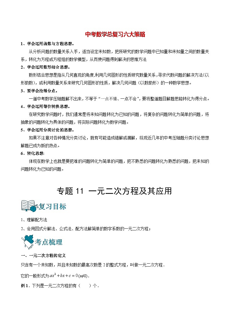 初中数学一轮复习【讲通练透】专题11 一元二次方程及其应用（讲通） （全国通用）01