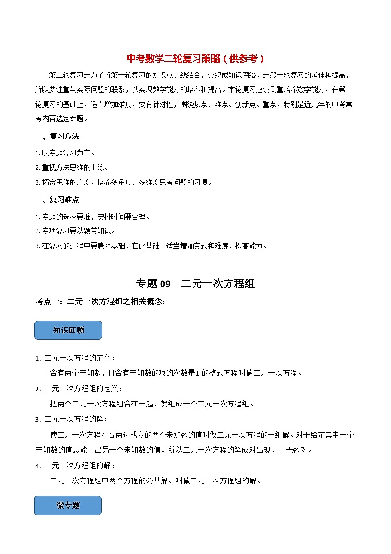 最新中考数学必考考点总结+题型专训  专题09 —二元一次方程组篇 （全国通用）01