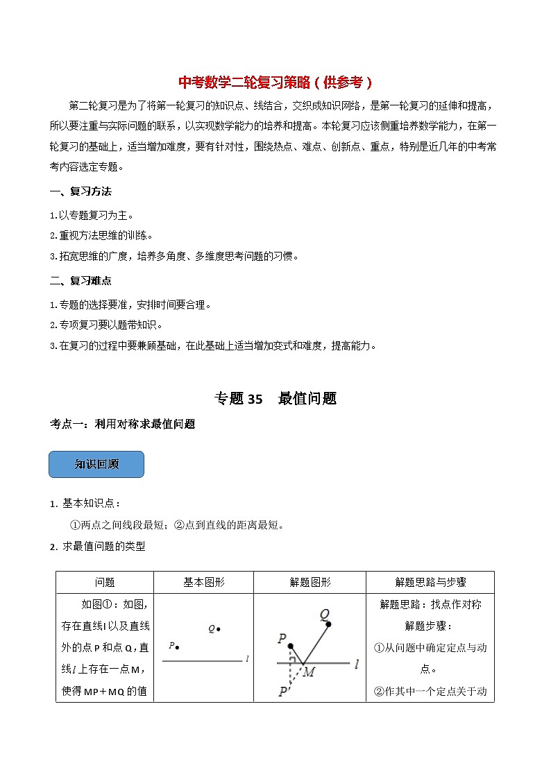 最新中考数学必考考点总结+题型专训  专题35 最值问题篇 （全国通用）01