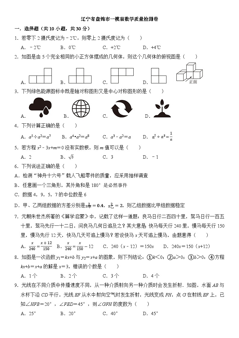 辽宁省盘锦市九年级中考一模前数学质量检测卷+01