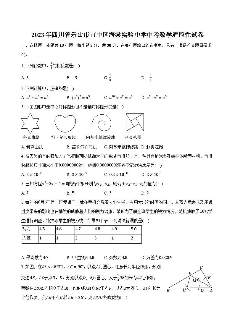 2023年四川省乐山市市中区海棠实验中学中考数学适应性试卷（含解析）第1页