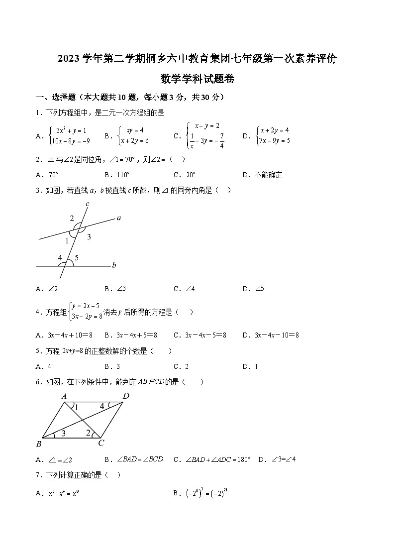 浙江省嘉兴市桐乡市2023-2024学年七年级下学期素养评价3月月考数学试题（含解析）第1页