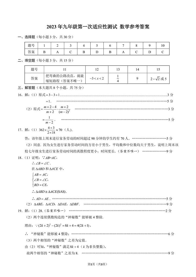 2023年中招第一次适应性测试数学参考答案第1页