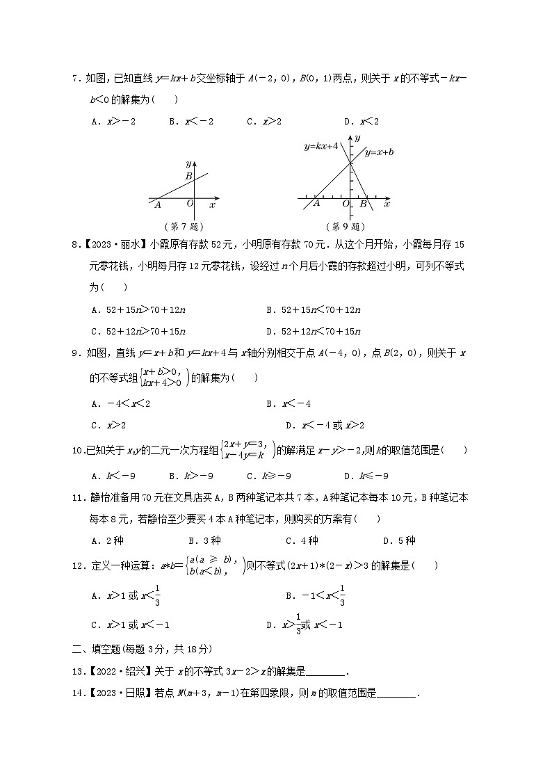 2024七年级数学下册第11章一元一次不等式和一元一次不等式组综合素质评价试卷（附解析鲁教版五四制）02