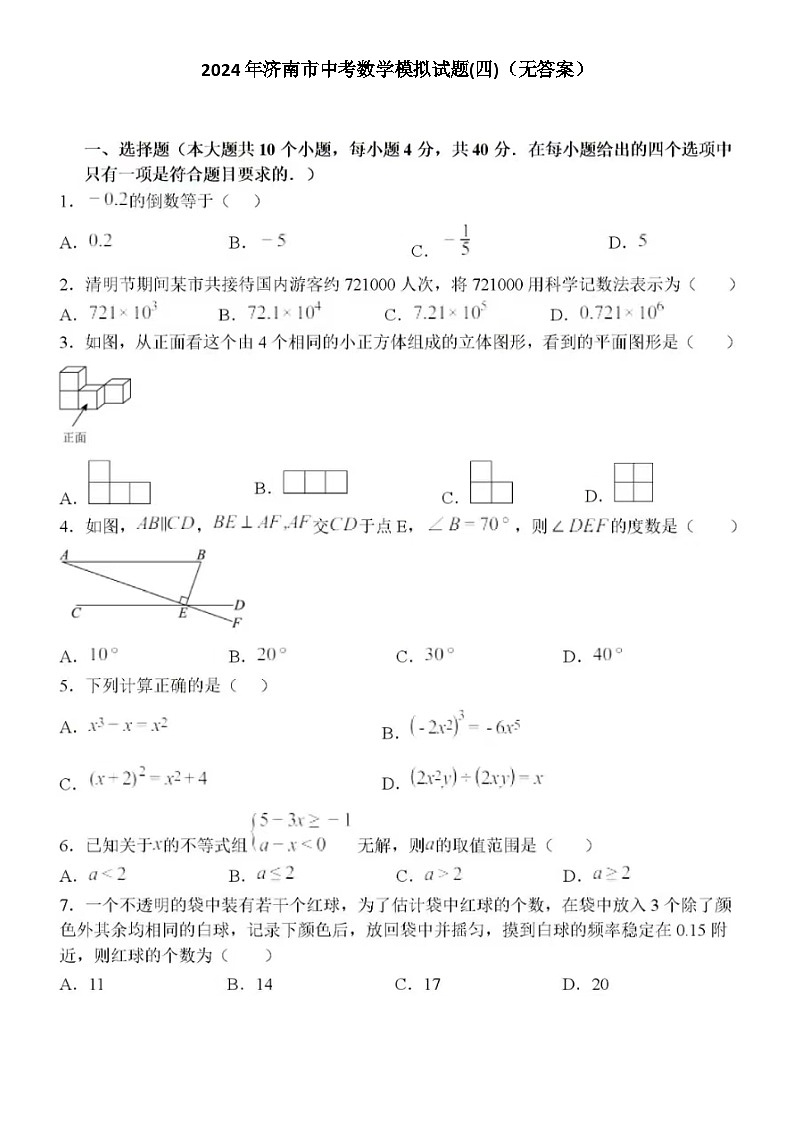 2024年济南市中考数学模拟试题(四)（含答案）第1页