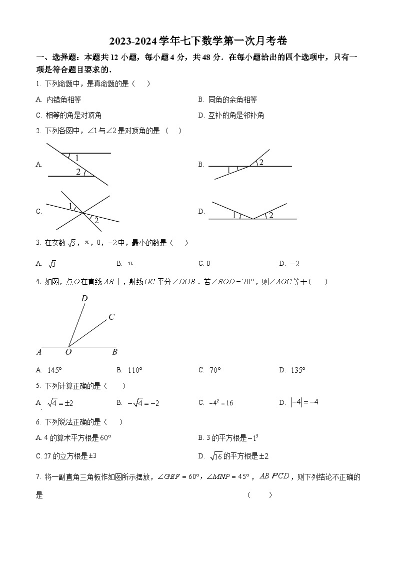 山东省德州市禹城市张庄中学2023-2024学年下学期3月份月考检测七年级数学试题（原卷版+解析版）01