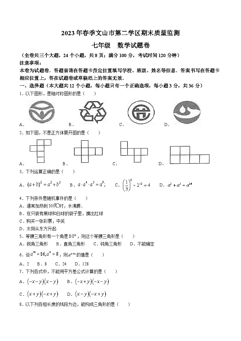 云南省文山壮族苗族自治州文山市2022-2023学年七年级下学期期末数学试题(含答案)第1页