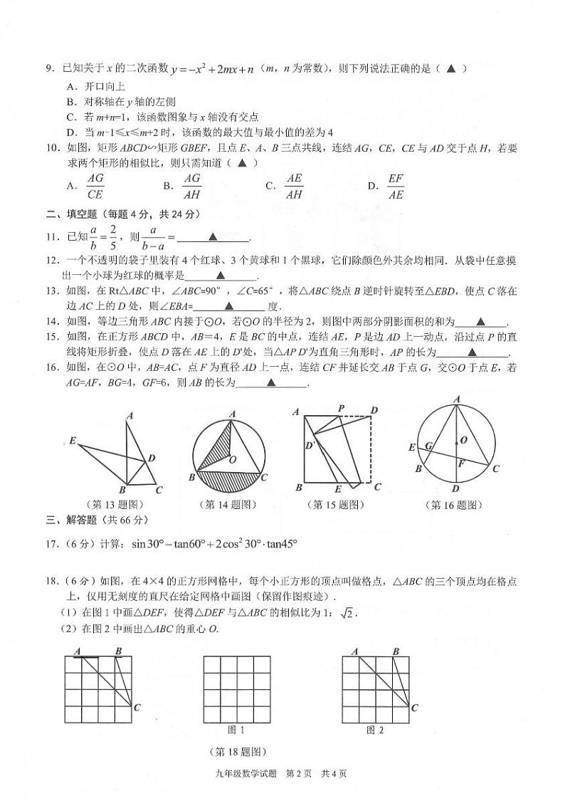 浙江省宁波市重点中学联考2024届九年级上学期期末考试数学试卷02