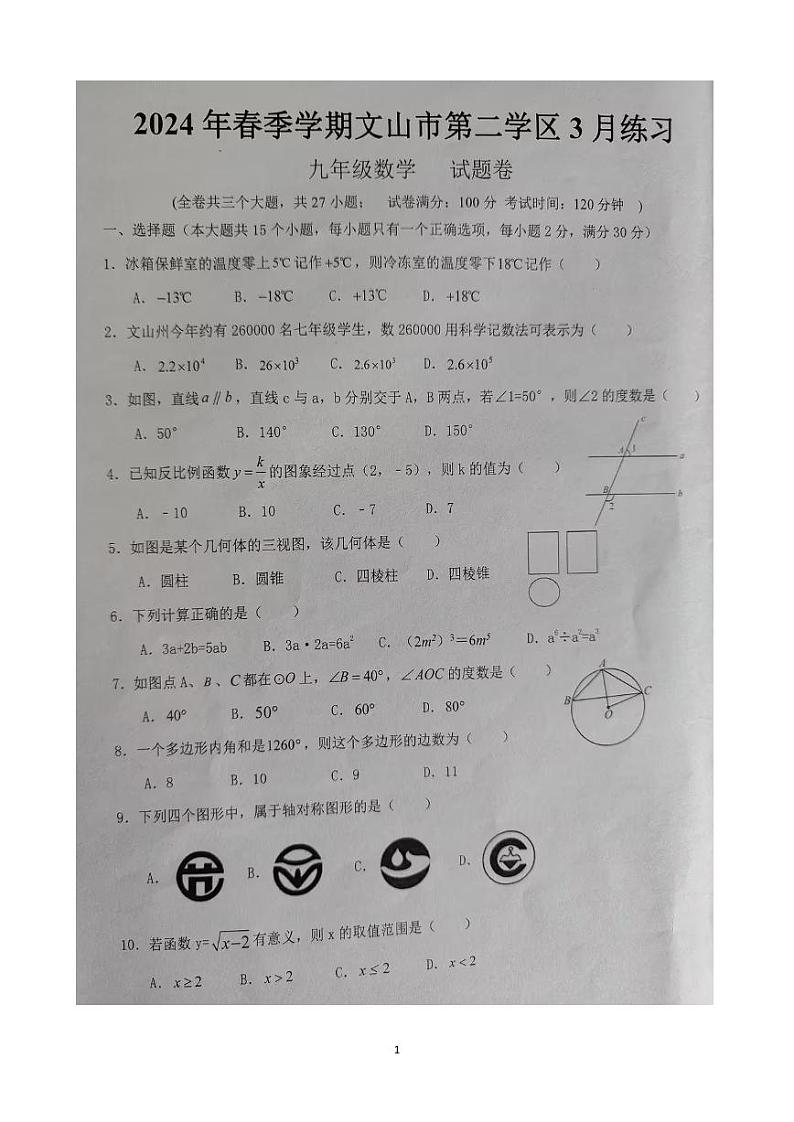 云南省文山州文山市第二学区2023—2024学年下学期3月练习九年级数学试卷第1页