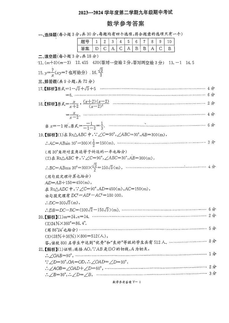 2024长沙一中集团九下期中联考数学参考答案第1页