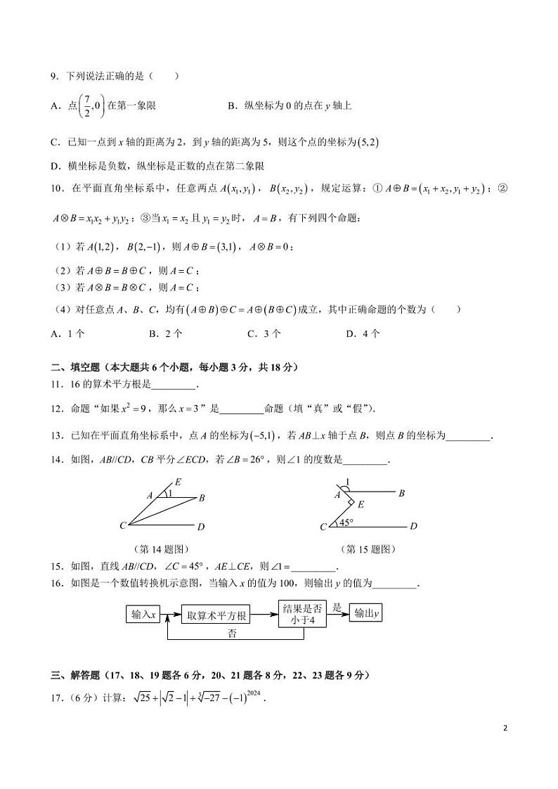 +湖南省长沙市中雅培粹2023-2024学年七年级下学期数学第一次月考试卷第2页