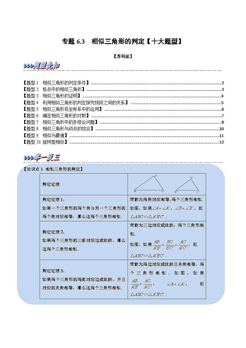 苏科版九年级数学下册举一反三专题6.3相似三角形的判定【十大题型】(原卷版+解析)第1页