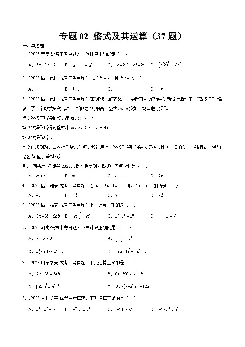 专题02 整式及其运算（共37题）（原卷版）第1页