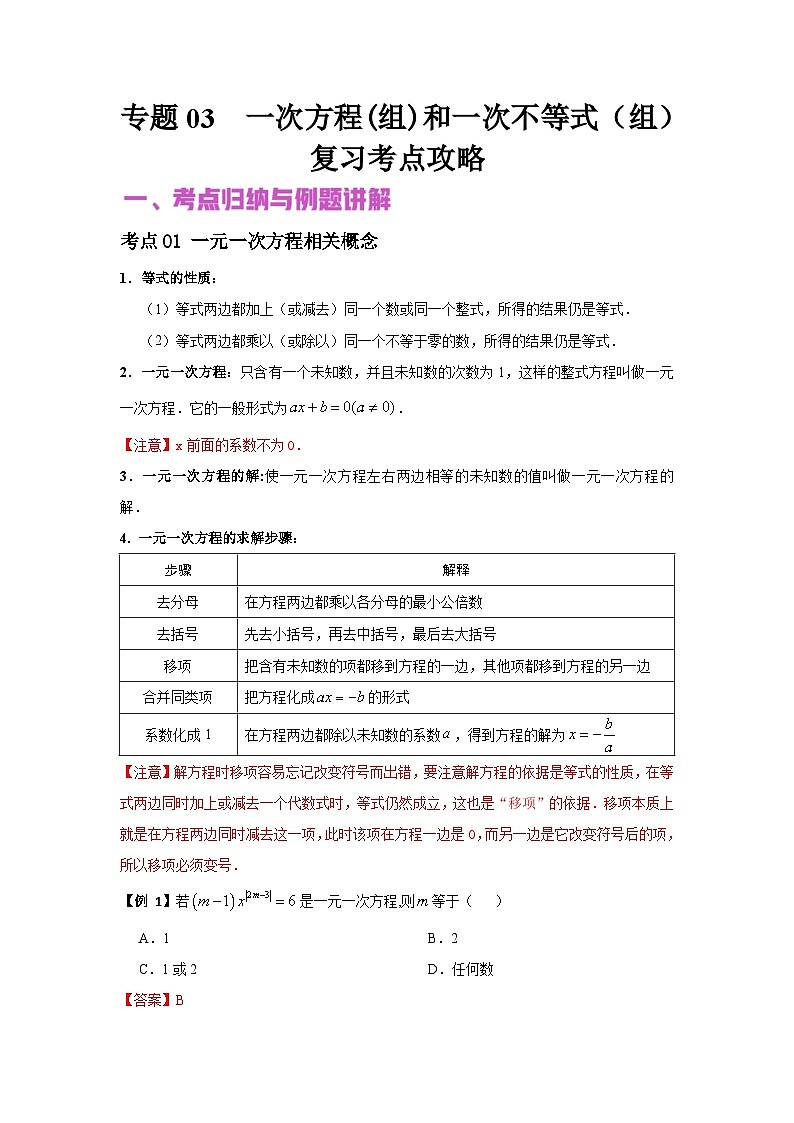 中考数学二轮复习核心专题复习攻略（讲+练）专题03 一次方程（组）和一次不等式（组）（解析版）第1页