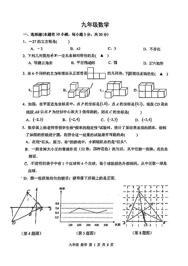 浙江省杭州市采荷中学2023--2024学年九年级下学期数学月考试卷01