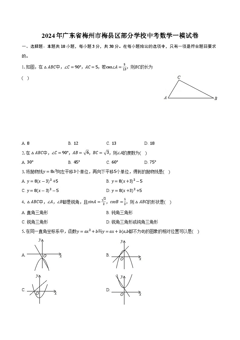 2024年广东省梅州市梅县区部分学校中考数学一模试卷+01