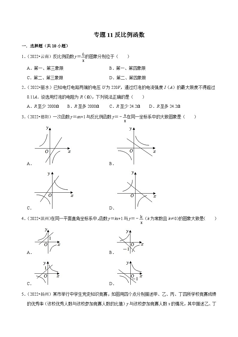2022年中考数学真题分类专练专题11反比例函数（原卷版）第1页