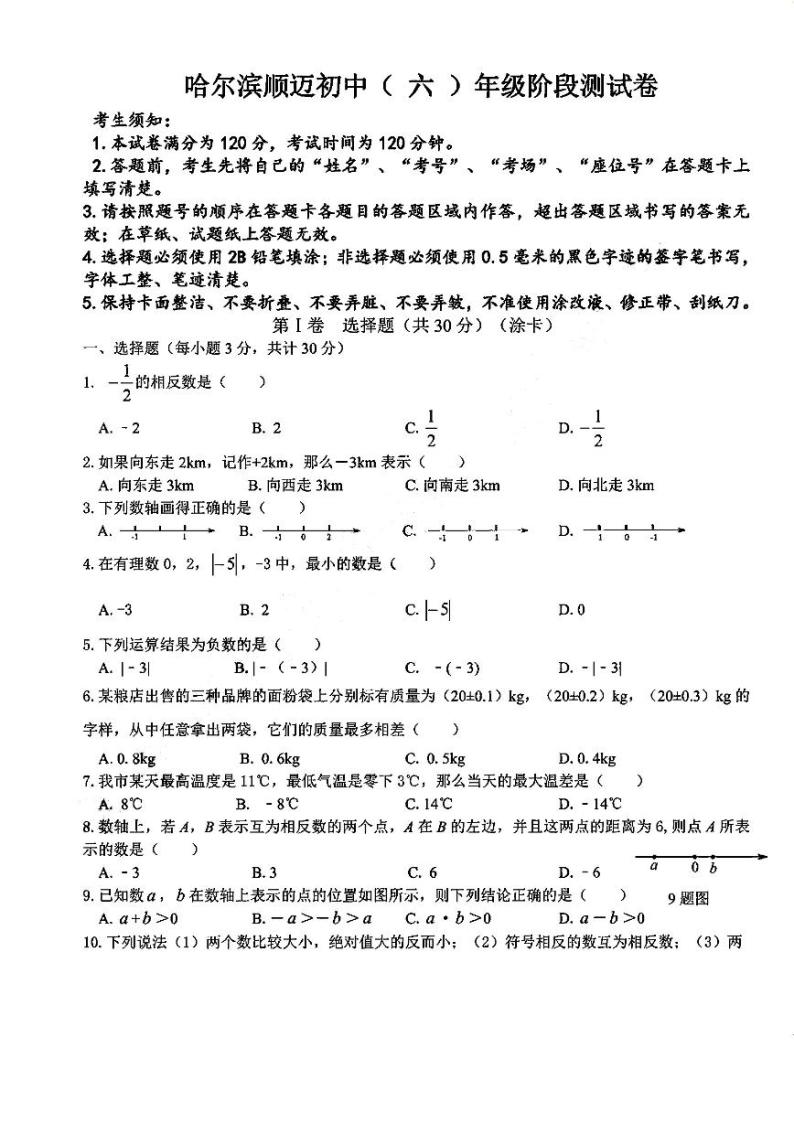 2024年哈尔滨顺迈初中六年级（下）三月月考数学试卷和答案01