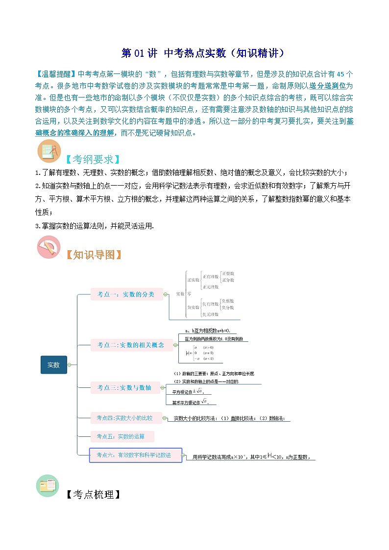 中考数学二轮复习冲刺第01讲 中考热点实数（知识精讲）（2份打包，原卷版+解析版）01