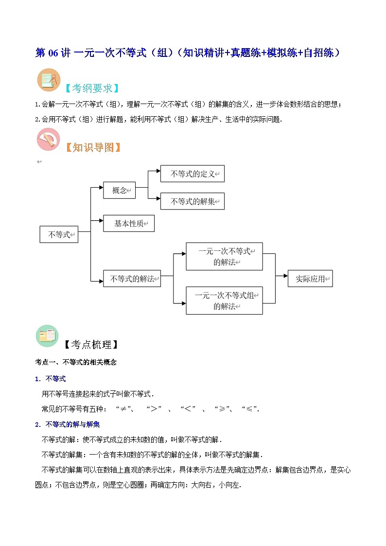 中考数学二轮复习冲刺第06讲 一元一次不等式（组）（知识精讲+真题练+模拟练+自招练）（原卷版）第1页