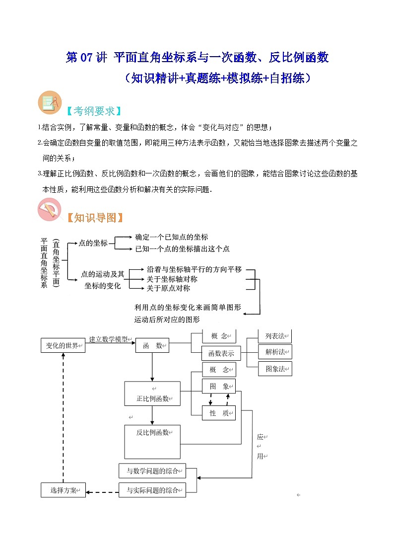 中考数学二轮复习冲刺第07讲 平面直角坐标系与一次函数、反比例函数（知识精讲+真题练+模拟练+自招练）（解析版）第1页
