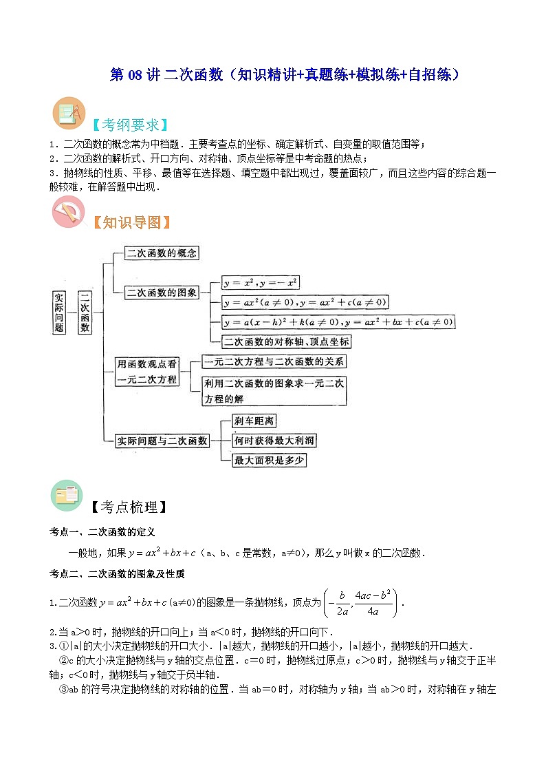 中考数学二轮复习冲刺第08讲 二次函数（知识精讲+真题练+模拟练+自招练）（解析版）第1页