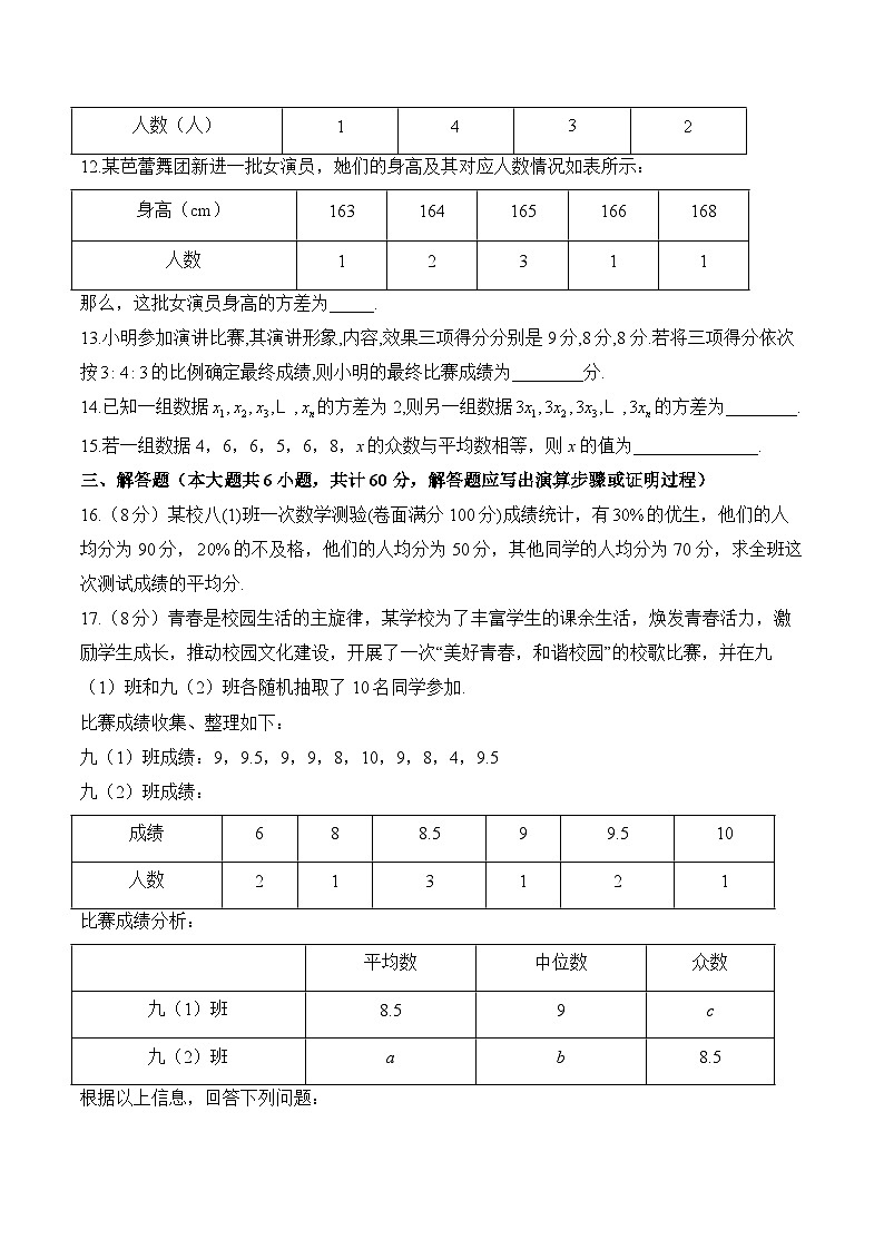 数据的分析__2023-2024学年八年级下册数学人教版单元检测卷（A卷）第3页