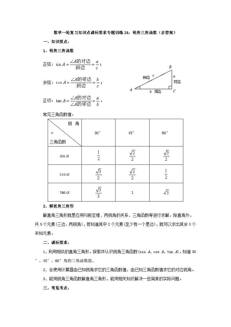 专题训练24：锐角三角函数 中考数学一轮复习知识点课标要求第1页