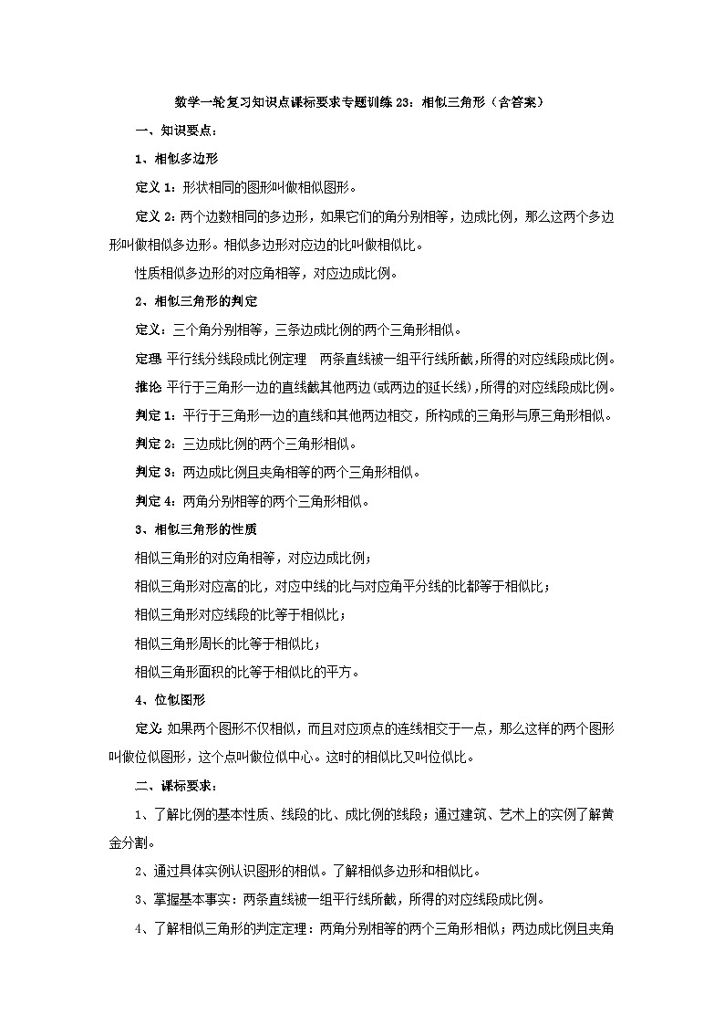 专题训练23：相似三角形 中考数学一轮复习知识点课标要求第1页