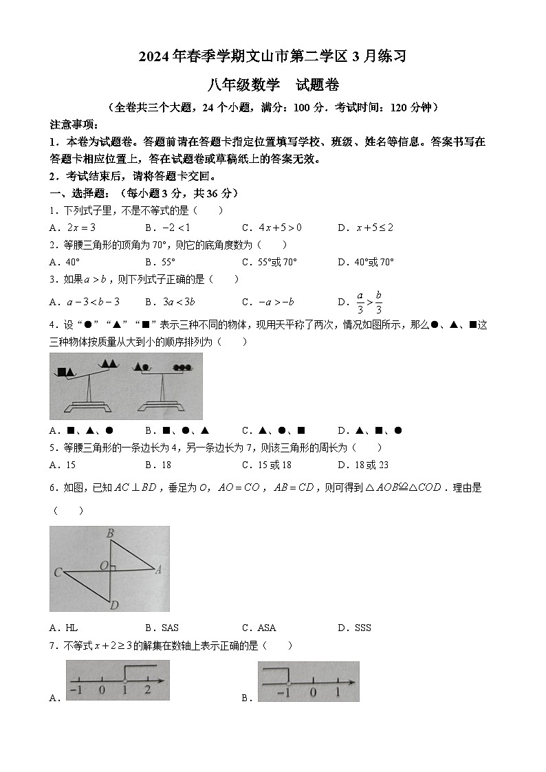 云南省文山壮族苗族自治州文山市2023-2024学年八年级下学期3月月考数学试题第1页