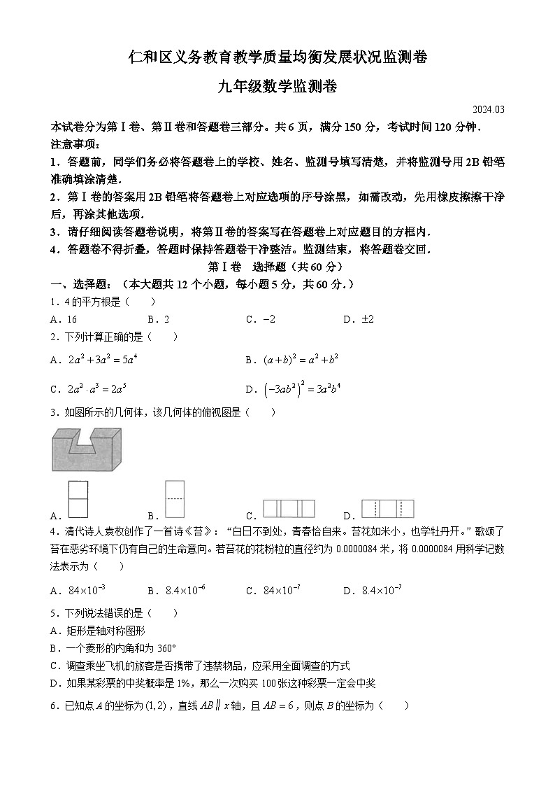 2024年四川省攀枝花市仁和区九年级中考一模数学模拟试题(无答案)第1页