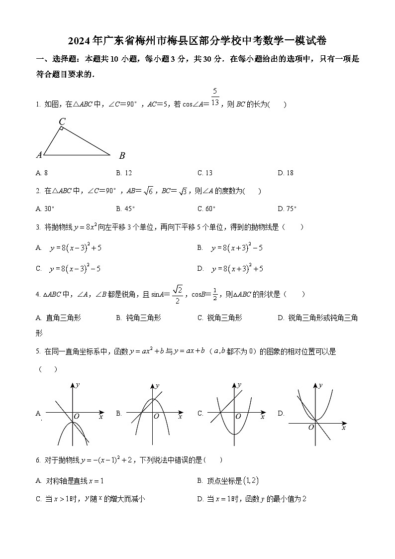 2024年广东省梅州市梅县区部分学校中考一模数学试题（原卷版+解析版）01