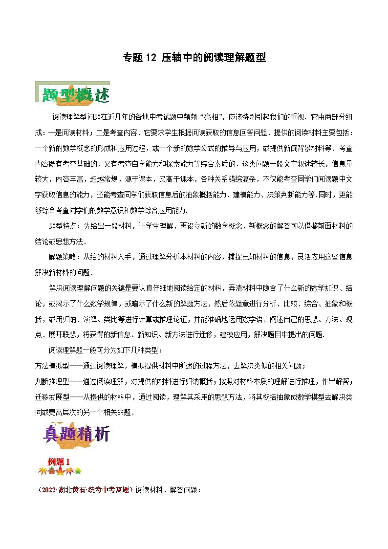中考数学二轮复习压轴题培优专练专题12 压轴中的阅读理解题型（原卷版） 第1页