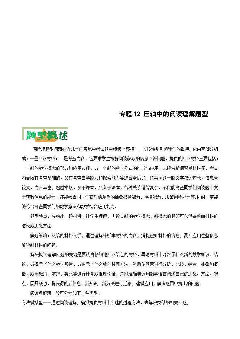 中考数学二轮复习压轴题培优专练专题12 压轴中的阅读理解题型（解析版） 第1页