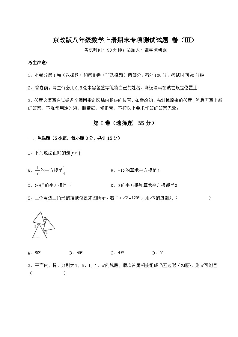 综合解析-京改版八年级数学上册期末专项测试试题 卷（Ⅲ）（解析卷）01