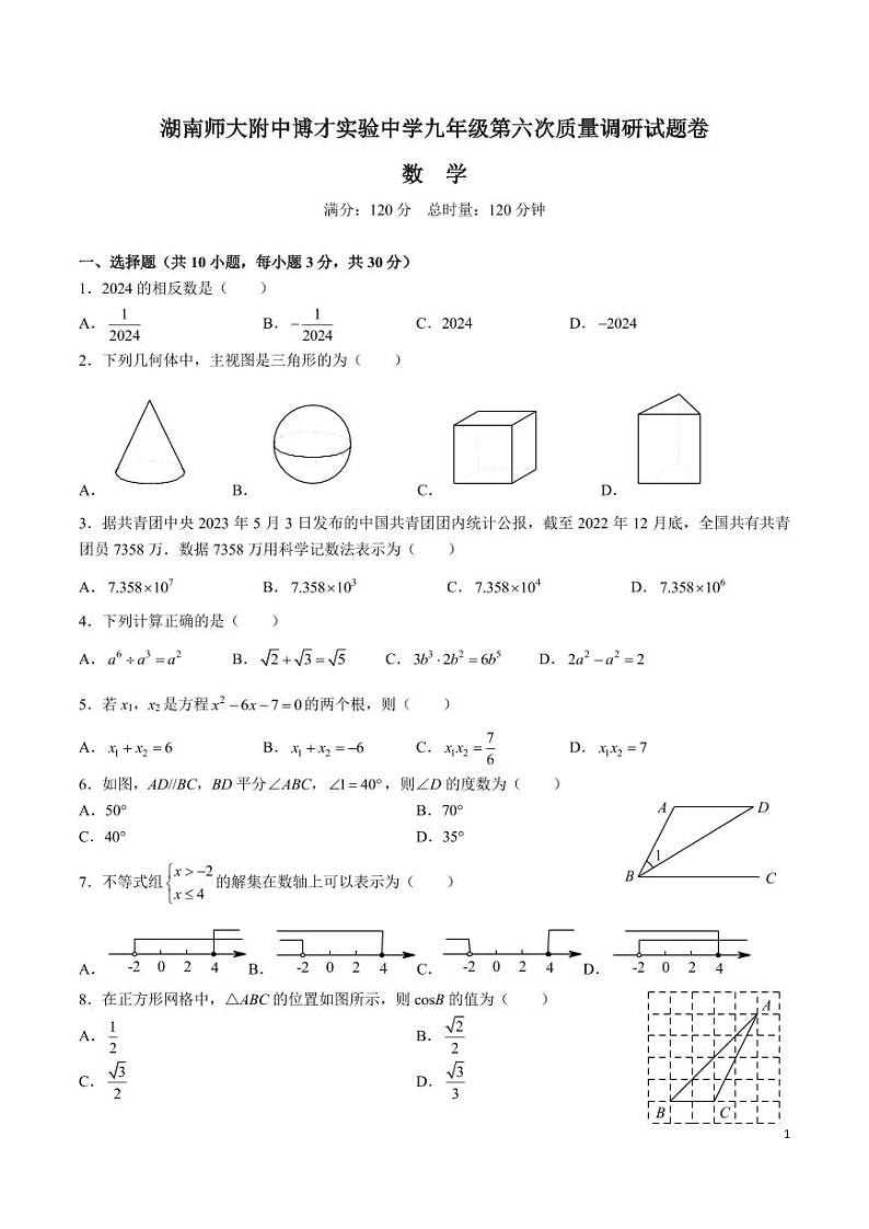 2023-2024湖南师大附中博才实验中学九下第一次月考数学试卷第1页