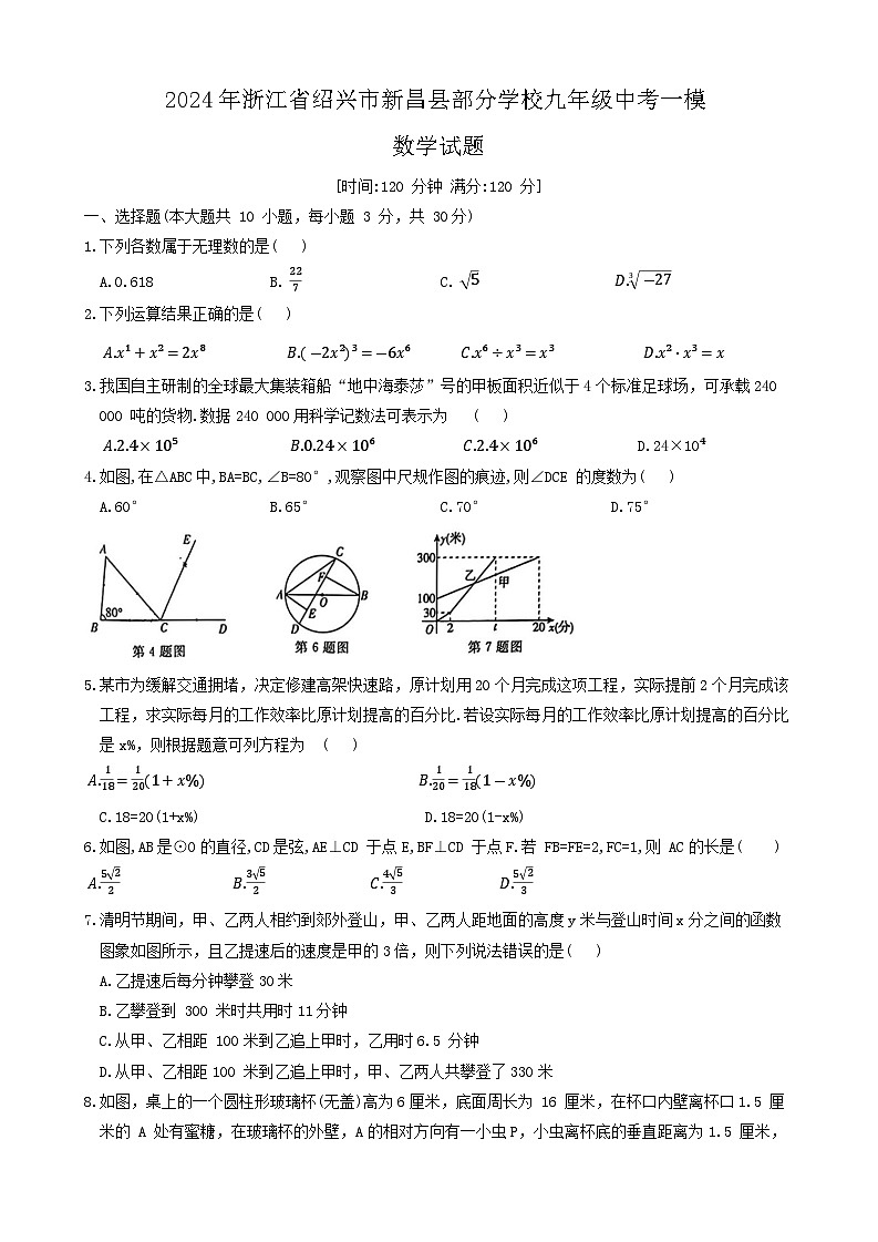 2024年浙江省绍兴市新昌县部分学校九年级中考一模数学试题+01
