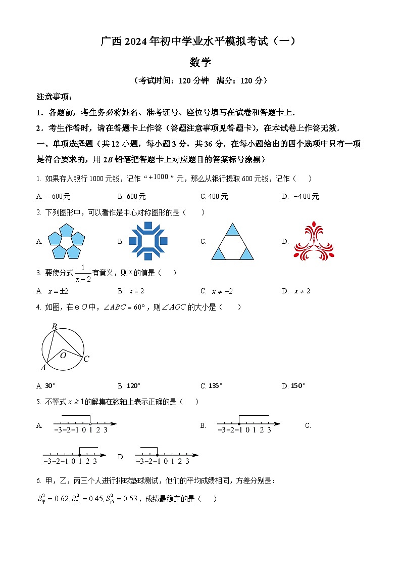 2024年广西钦州市部分学校九年级下学期适应性一模考试数学模拟试题（原卷版）第1页