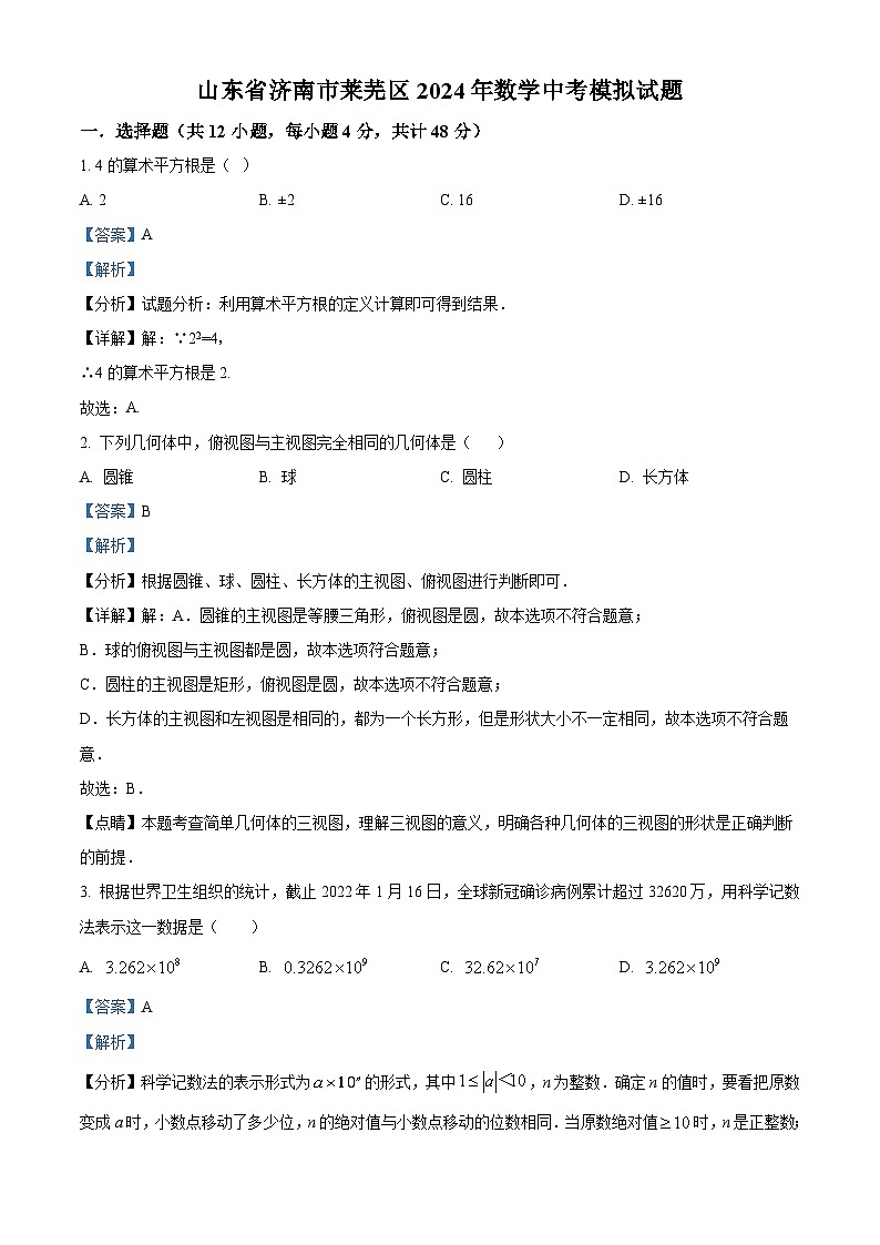 2024年山东省济南市莱芜区九年级中考数学模拟试题（解析版）第1页