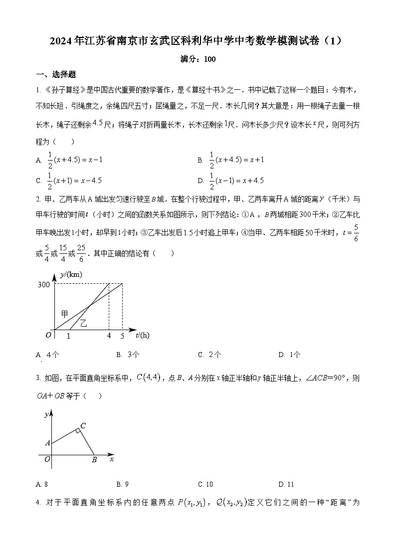 2024年江苏省南京市玄武区科利华中学中考模测数学模拟预测题（1）（原卷版）第1页