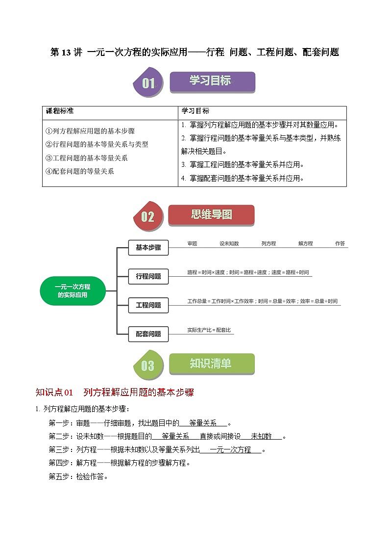 第13讲 一元一次方程的应用-形成问题、工程问题、配套问题-【教师版】2024年七上数学同步精品讲义（人教版）第1页