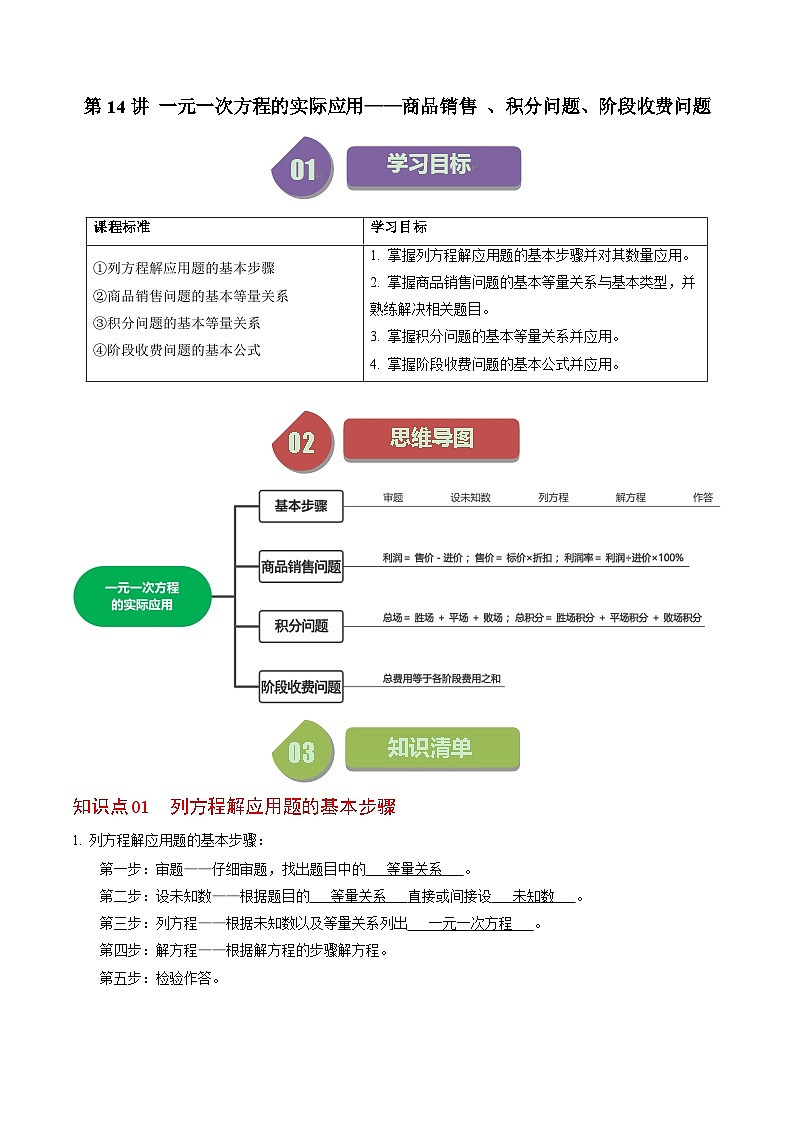 第14讲 一元一次方程的应用-商品销售、比赛积分、阶段收费-【教师版】2024年七上数学同步精品讲义（人教版）第1页