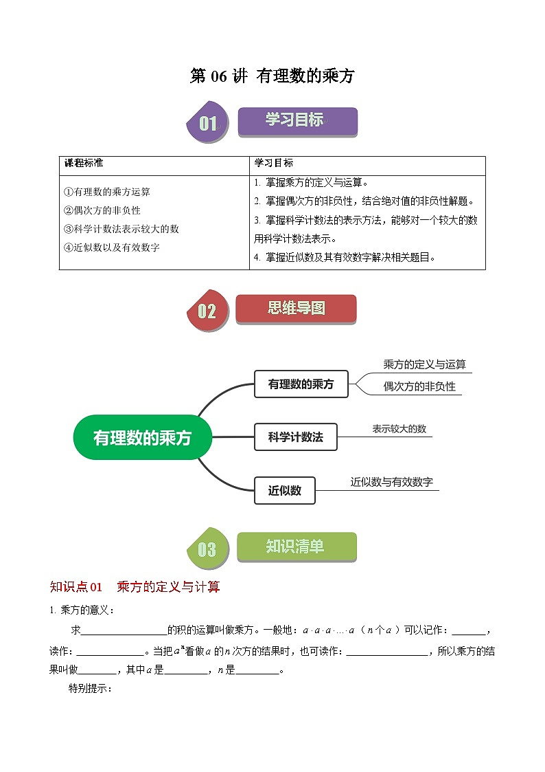 第06讲 有理数的乘方-【学生版】2024年七上数学同步精品讲义（人教版）第1页