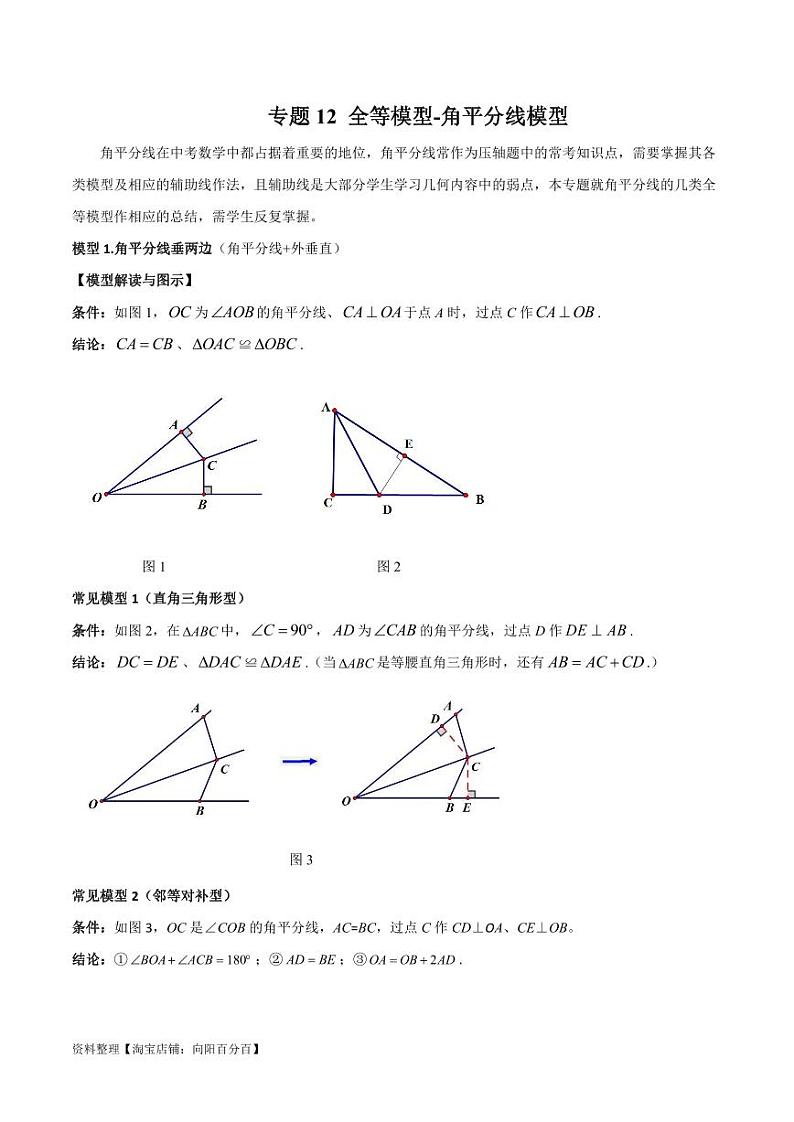 2024年中考数学二轮复习几何模型解读与提分精练 专题12 全等模型-角平分线模型（解析版）第1页