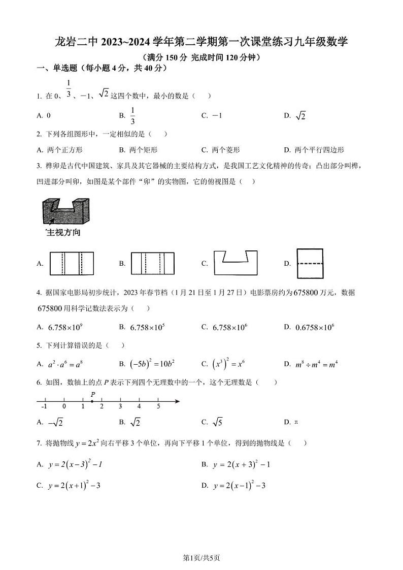 福建龙岩二中2024年九年级下学期月考数学试题+答案01
