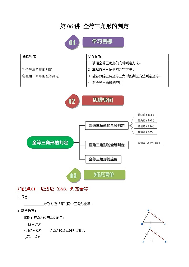第06讲 全等三角形的判定-【学生版】2024年八上数学同步精品讲义（人教版）第1页