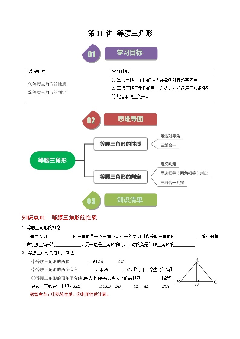 第11讲 等腰三角形-【同步精品】2024年八上数学同步精品讲义（人教版）01